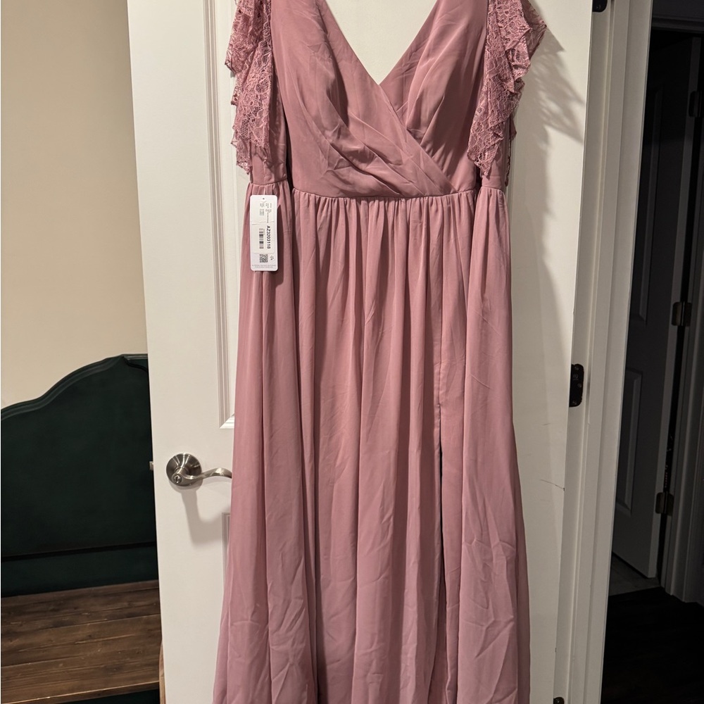Azazie Zella Mauve Maxi Dress with Lace Sleeves